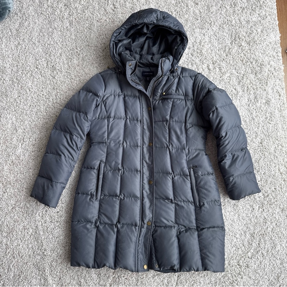 Lands’ End Gray/Blue Long Down Puffer Coat Hooded Winter Parka Women M 10-12